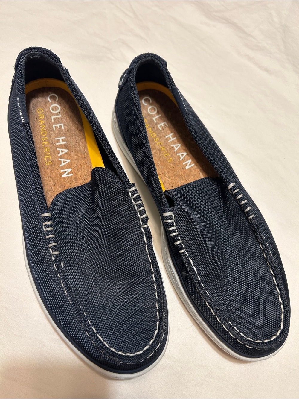 Cole Haan Men’s Navy Canvas Slip-On Loafers with White Stitching